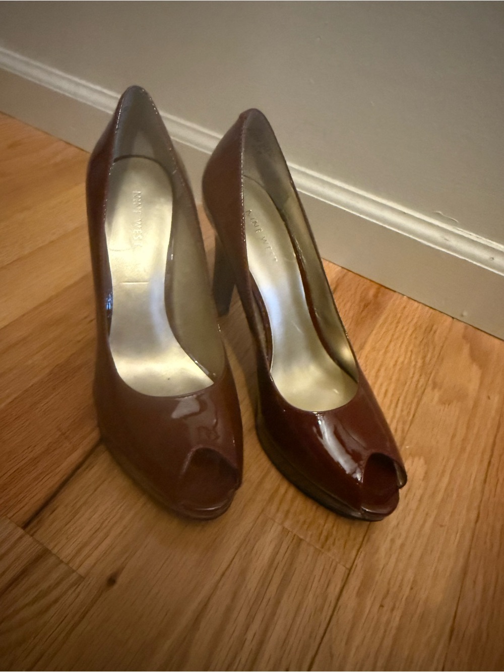 Nine West Burgundy Patent Open-Toe Pumps